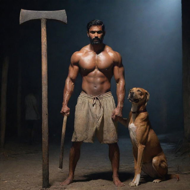 The fair-complexioned Indian girl, visibly scared, is now hiding behind the muscular Indian man with the sledgehammer, as their loyal Indian Pariah dog stays nearby in the dark eerie setting.