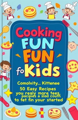 A vibrant and colorful cover design for a children's cookbook titled 'Cooking Fun for Kids: 50 Easy Recipes to Get You Started'