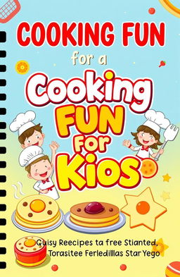 A vibrant and colorful cover design for a children's cookbook titled 'Cooking Fun for Kids: 50 Easy Recipes to Get You Started'