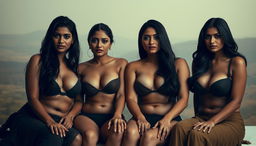 An intriguing scene featuring four South Asian women sitting together, presenting a striking and sensual image