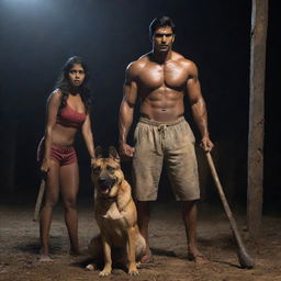 The fair-complexioned Indian girl, visibly scared, is now hiding behind the muscular Indian man with the sledgehammer, as their loyal Indian Pariah dog stays nearby in the dark eerie setting.