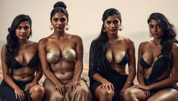 An intriguing scene featuring four South Asian women sitting together, presenting a striking and sensual image