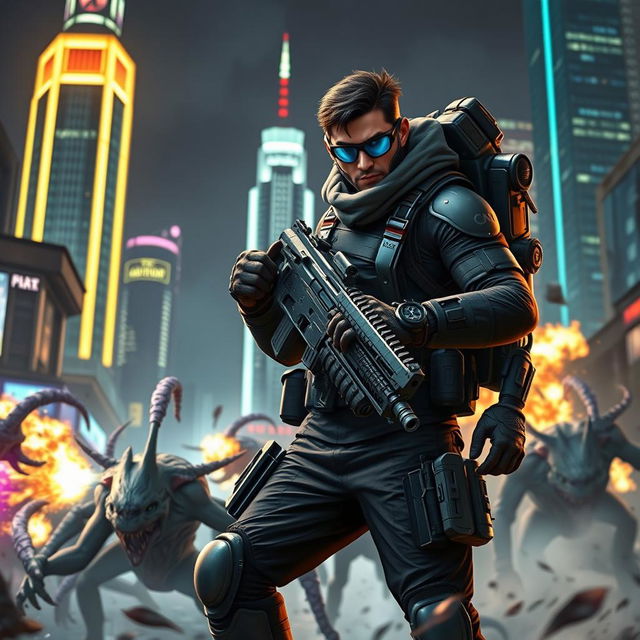 A modern action scene featuring an Iblis Hunter in contemporary tactical gear, equipped with advanced weaponry and gadgets