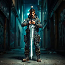 A modern-day Hunter wielding a sword, standing confidently in an urban environment