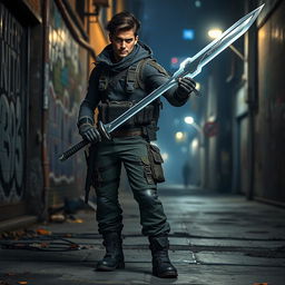 A modern-day Hunter wielding a sword, standing confidently in an urban environment