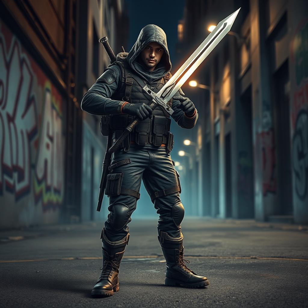 A modern-day Hunter wielding a sword, standing confidently in an urban environment