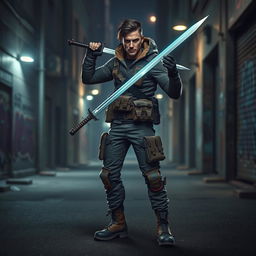 A modern-day Hunter wielding a sword, standing confidently in an urban environment