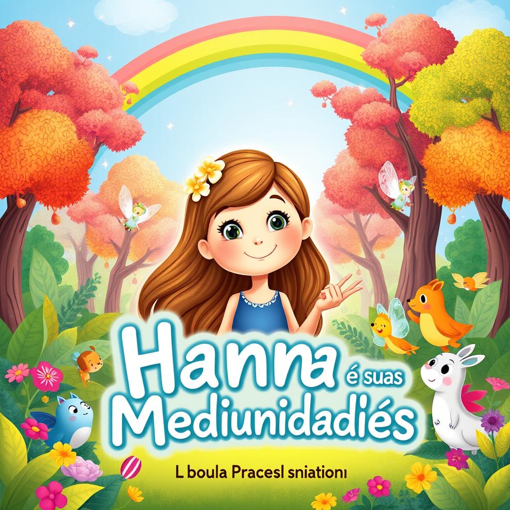 A whimsical and colorful e-book cover for a children's book titled 'Hanna e suas Mediunidades'