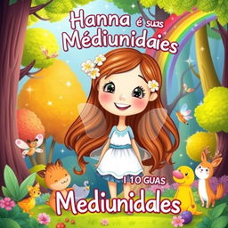 A whimsical and colorful e-book cover for a children's book titled 'Hanna e suas Mediunidades'