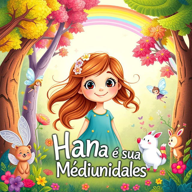 A whimsical and colorful e-book cover for a children's book titled 'Hanna e suas Mediunidades'