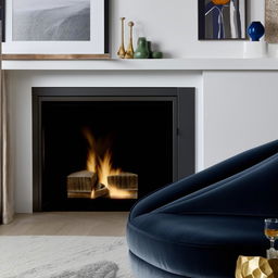 A cozy living room furnished with a navy blue velvet sofa, a grey velvet chair, nestled by a warm, inviting chimney.