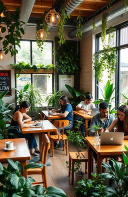 A cozy and inviting sustainable coworking cafe, featuring lush indoor plants, wooden furniture made from recycled materials, and large windows allowing natural light to flood in