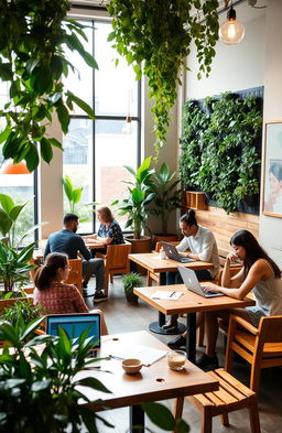 A cozy and inviting sustainable coworking cafe, featuring lush indoor plants, wooden furniture made from recycled materials, and large windows allowing natural light to flood in