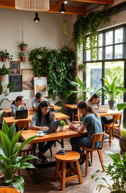 A cozy and inviting sustainable coworking cafe, featuring lush indoor plants, wooden furniture made from recycled materials, and large windows allowing natural light to flood in