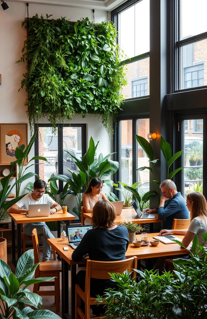 A cozy and inviting sustainable coworking cafe, featuring lush indoor plants, wooden furniture made from recycled materials, and large windows allowing natural light to flood in