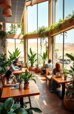 A picturesque scene of a sustainable coworking café in Oman, incorporating green architecture features such as solar panels and vertical gardens