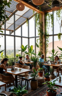 A picturesque scene of a sustainable coworking café in Oman, incorporating green architecture features such as solar panels and vertical gardens