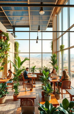 A picturesque scene of a sustainable coworking café in Oman, incorporating green architecture features such as solar panels and vertical gardens