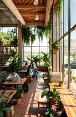 A picturesque scene of a sustainable coworking café in Oman, incorporating green architecture features such as solar panels and vertical gardens