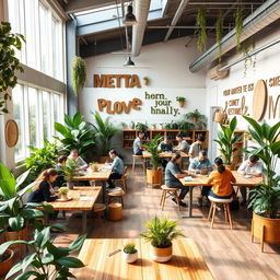 A modern and vibrant sustainable coworking space, featuring an open layout with lots of natural light coming through large windows