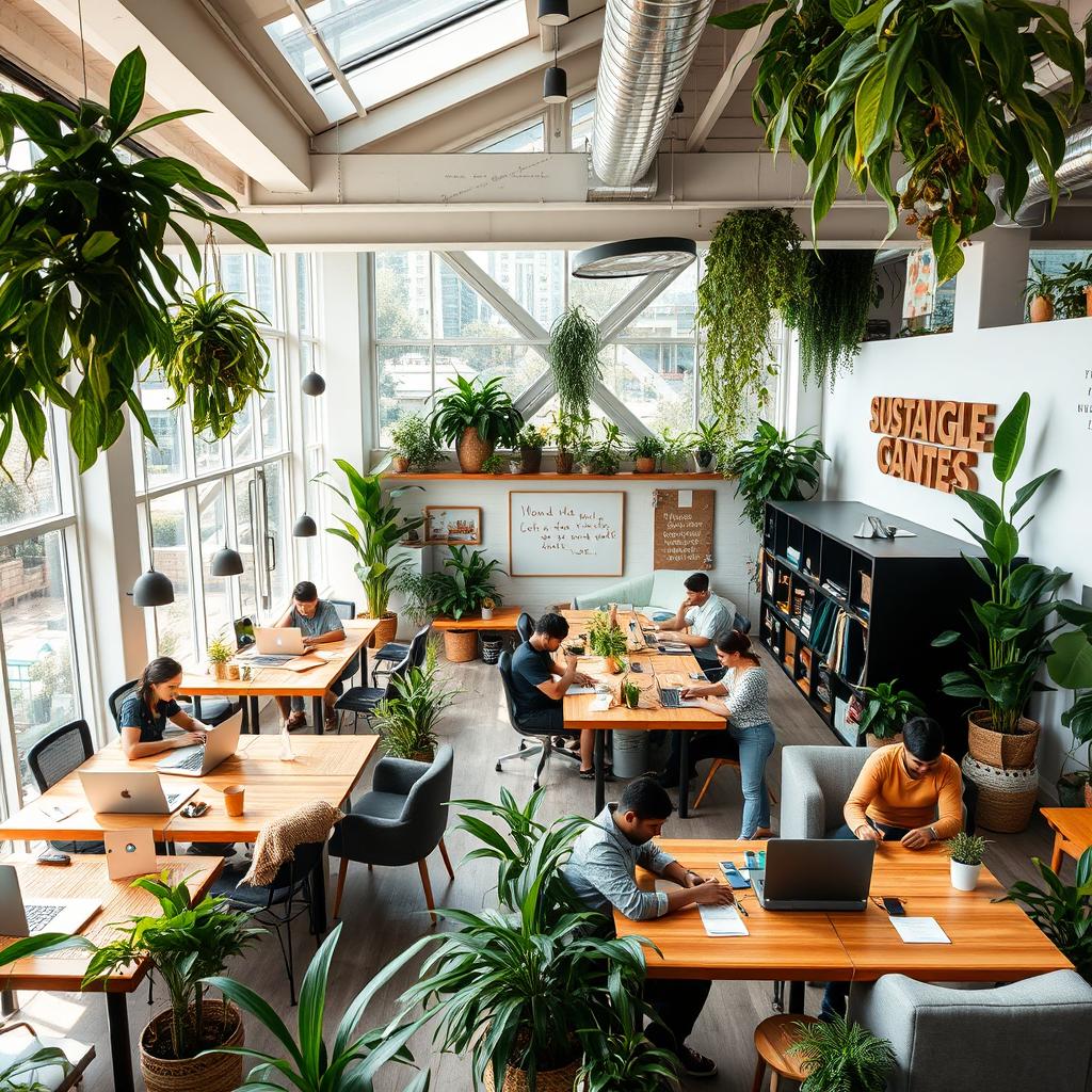 A modern and vibrant sustainable coworking space, featuring an open layout with lots of natural light coming through large windows