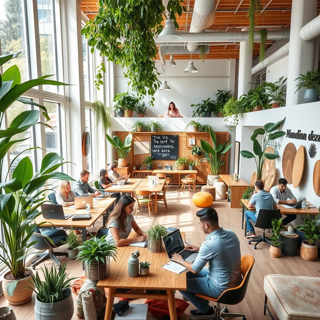 A modern and vibrant sustainable coworking space, featuring an open layout with lots of natural light coming through large windows