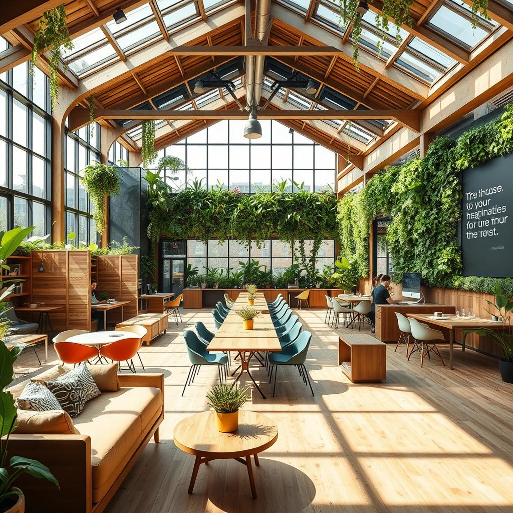 A stylish and innovative sustainable coworking space, showcasing an open-plan interior filled with natural light through expansive windows and skylights