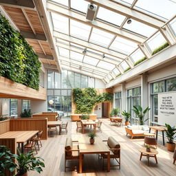 A stylish and innovative sustainable coworking space, showcasing an open-plan interior filled with natural light through expansive windows and skylights