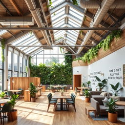 A stylish and innovative sustainable coworking space, showcasing an open-plan interior filled with natural light through expansive windows and skylights