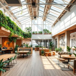 A stylish and innovative sustainable coworking space, showcasing an open-plan interior filled with natural light through expansive windows and skylights