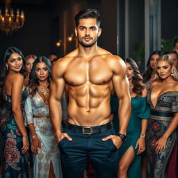 A striking scene featuring a handsome Indonesian man with Turkish heritage, showcasing a muscular build and exuding charm