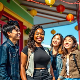 A joyful and vibrant scene featuring a beautiful, curvy Black woman with a warm smile, surrounded by three attractive Koreans who are smiling and engaging with her