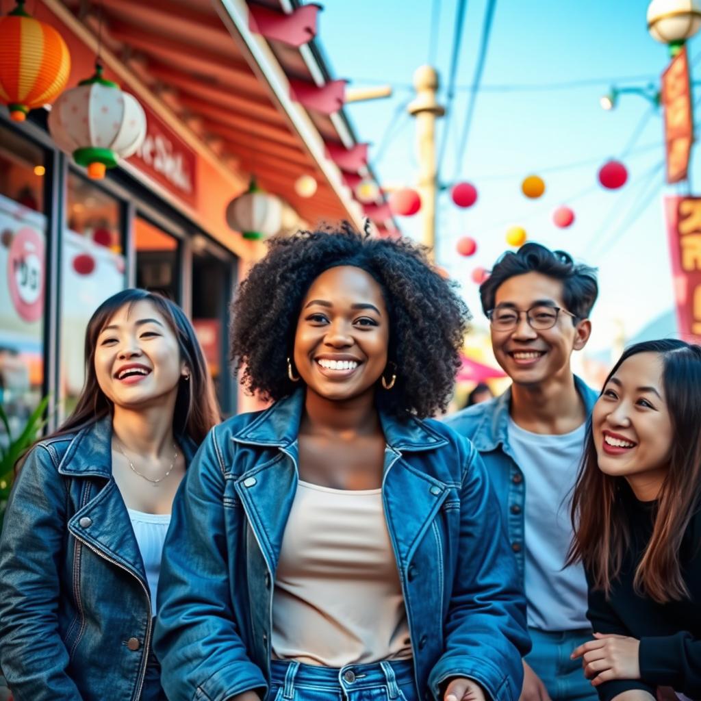 A joyful and vibrant scene featuring a beautiful, curvy Black woman with a warm smile, surrounded by three attractive Koreans who are smiling and engaging with her