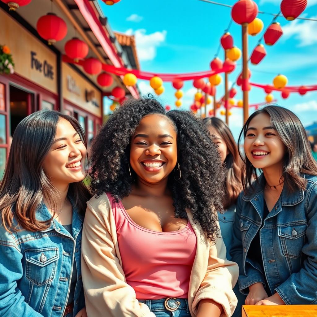 A joyful and vibrant scene featuring a beautiful, curvy Black woman with a warm smile, surrounded by three attractive Koreans who are smiling and engaging with her