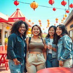 A joyful and vibrant scene featuring a beautiful, curvy Black woman with a warm smile, surrounded by three attractive Koreans who are smiling and engaging with her