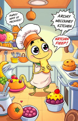 A whimsical cartoon illustration of Archie, a comical and slightly mischievous parasite with googly eyes, sportingly dressed in a chef's hat and apron, as he adventurous explores a vibrant, oversized kitchen filled with delicious foods like fruits, pastries, and snacks