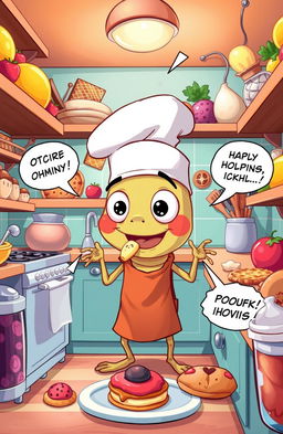 A whimsical cartoon illustration of Archie, a comical and slightly mischievous parasite with googly eyes, sportingly dressed in a chef's hat and apron, as he adventurous explores a vibrant, oversized kitchen filled with delicious foods like fruits, pastries, and snacks