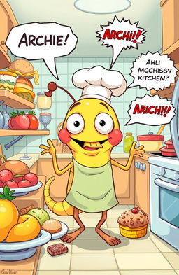 A whimsical cartoon illustration of Archie, a comical and slightly mischievous parasite with googly eyes, sportingly dressed in a chef's hat and apron, as he adventurous explores a vibrant, oversized kitchen filled with delicious foods like fruits, pastries, and snacks