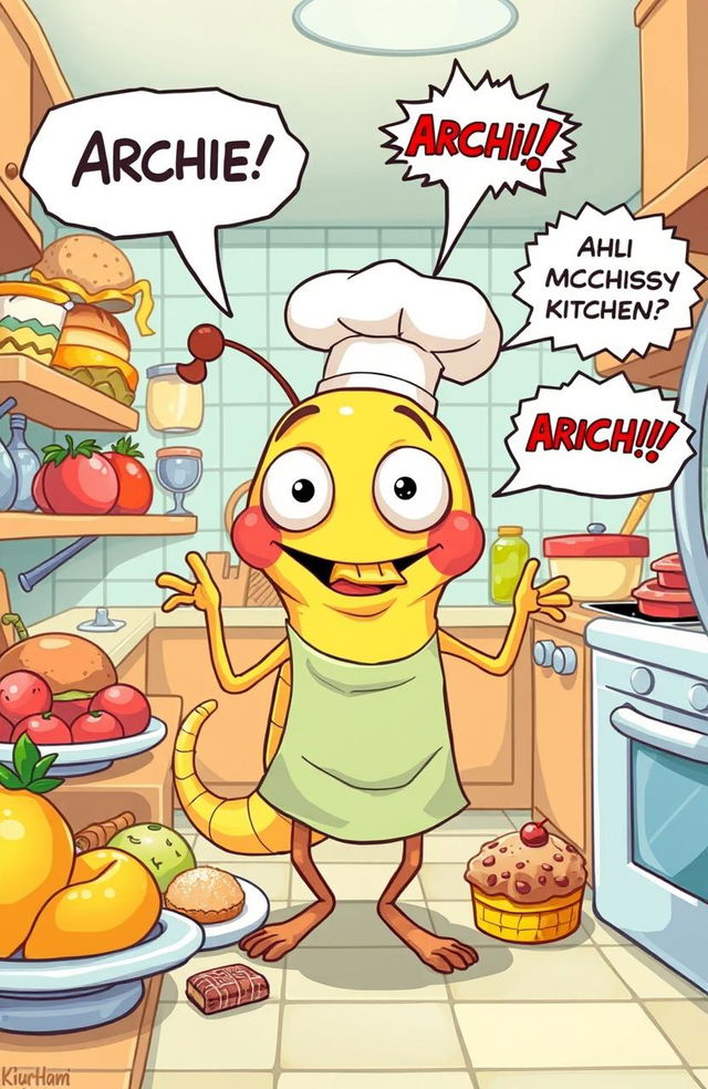 A whimsical cartoon illustration of Archie, a comical and slightly mischievous parasite with googly eyes, sportingly dressed in a chef's hat and apron, as he adventurous explores a vibrant, oversized kitchen filled with delicious foods like fruits, pastries, and snacks