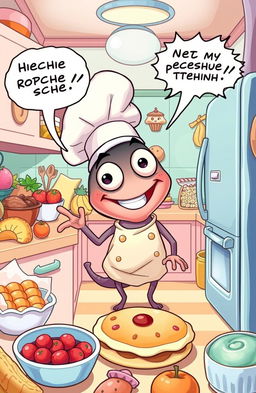 A whimsical cartoon illustration of Archie, a comical and slightly mischievous parasite with googly eyes, sportingly dressed in a chef's hat and apron, as he adventurous explores a vibrant, oversized kitchen filled with delicious foods like fruits, pastries, and snacks