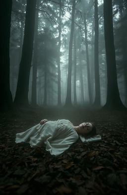 A hauntingly atmospheric scene set in a misty forest, where a lifeless body lies on the ground amidst fallen leaves, shrouded by a veil of fog