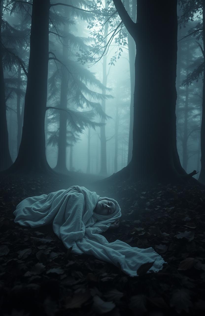 A hauntingly atmospheric scene set in a misty forest, where a lifeless body lies on the ground amidst fallen leaves, shrouded by a veil of fog