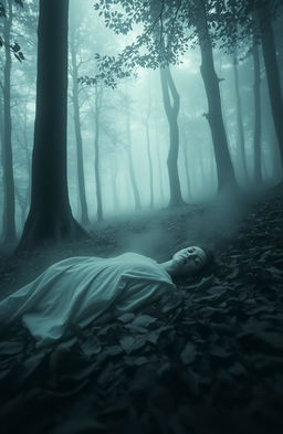 A hauntingly atmospheric scene set in a misty forest, where a lifeless body lies on the ground amidst fallen leaves, shrouded by a veil of fog