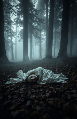 A hauntingly atmospheric scene set in a misty forest, where a lifeless body lies on the ground amidst fallen leaves, shrouded by a veil of fog