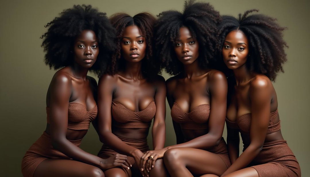 A striking image featuring four African women sitting together, showcasing their beautiful black skin and powerful presence