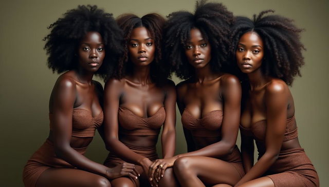 A striking image featuring four African women sitting together, showcasing their beautiful black skin and powerful presence