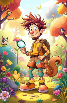 A whimsical, cartoonish scene depicting the exhilarating and funny adventures of Archie, a curious man with wild hair and a quizzical expression