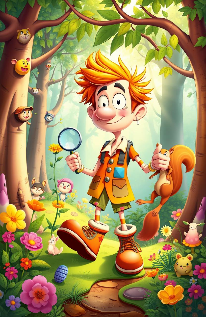 A whimsical, cartoonish scene depicting the exhilarating and funny adventures of Archie, a curious man with wild hair and a quizzical expression