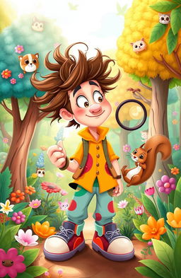 A whimsical, cartoonish scene depicting the exhilarating and funny adventures of Archie, a curious man with wild hair and a quizzical expression