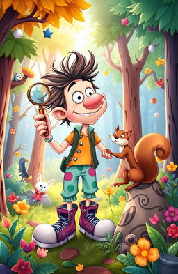 A whimsical, cartoonish scene depicting the exhilarating and funny adventures of Archie, a curious man with wild hair and a quizzical expression